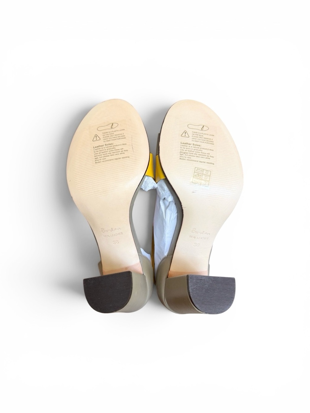 NWOT Boden Taupe and Yellow Crisscross Block Heel Sandals - Picture 6 of 7